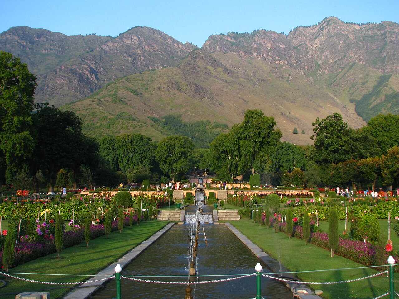 Terraced lawns and flower beds at Nishat Bagh in Srinagar