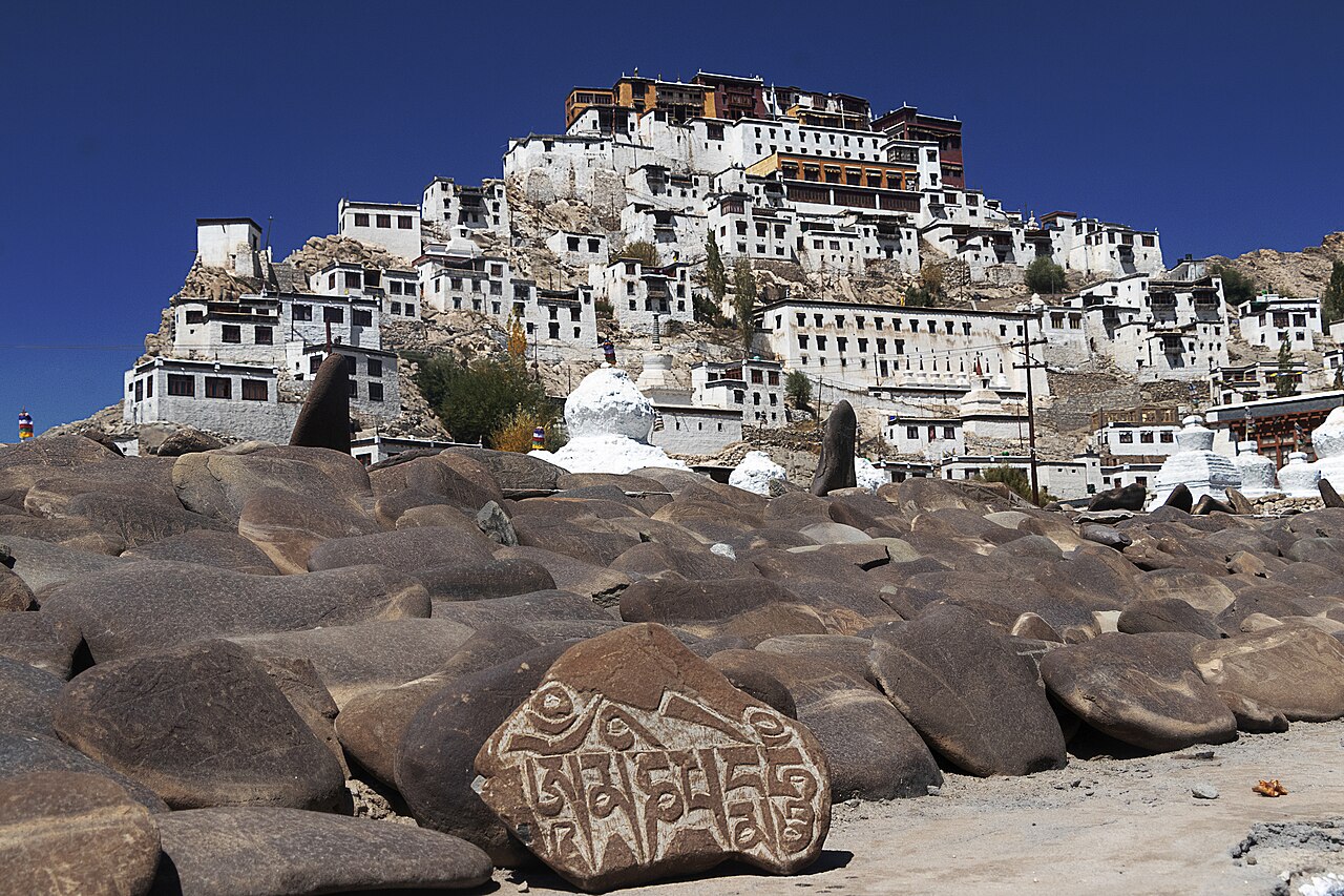 Spituk Monastery perched on a steep hill above the river valley