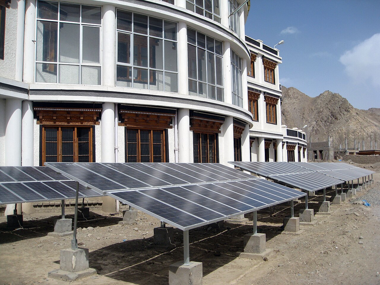 Solar panels on a roof in rural Ladakh