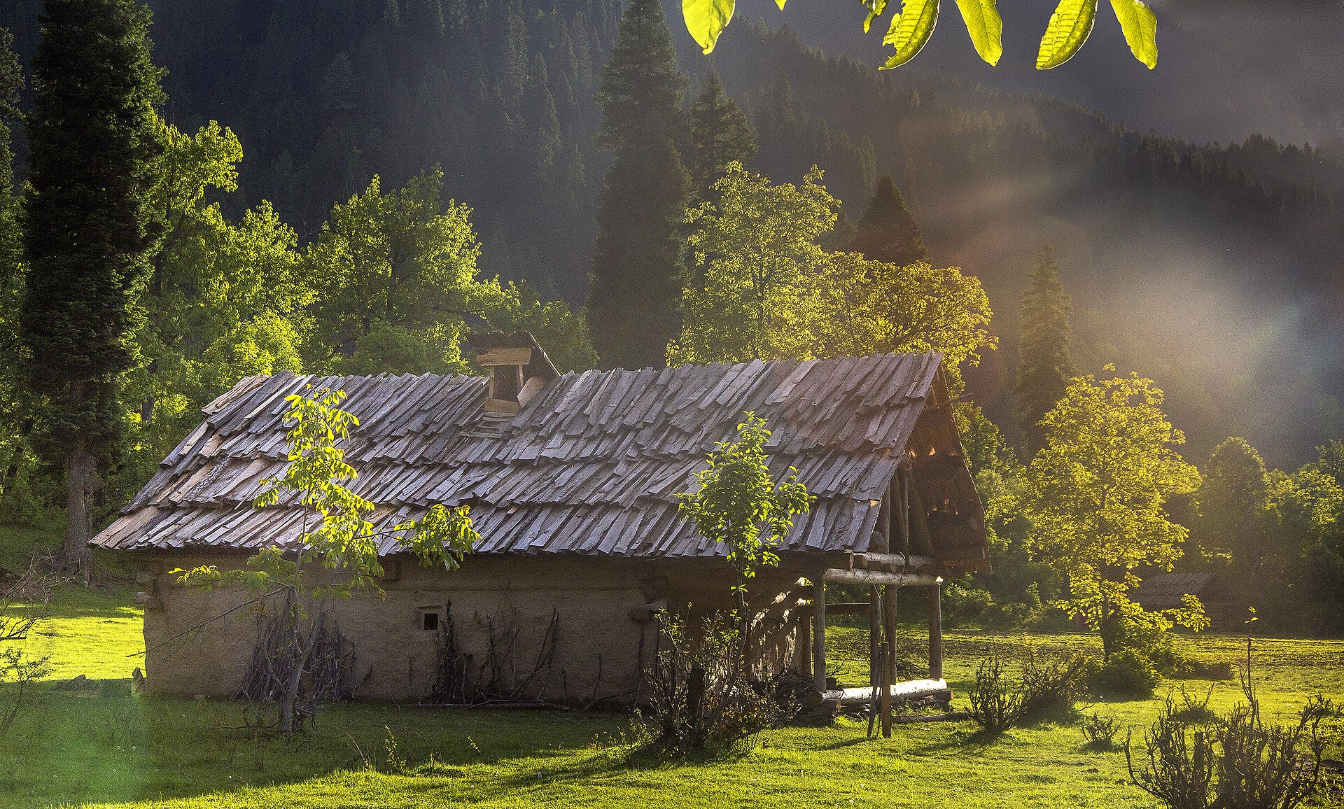 Traditional wooden architecture house in rural Kashmir