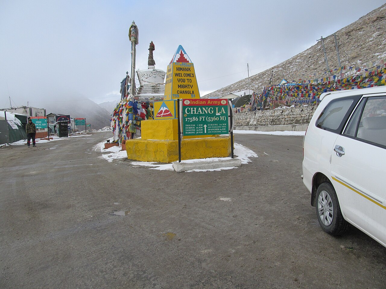Buddhist prayer flags fluttering on Chang La mountain pass