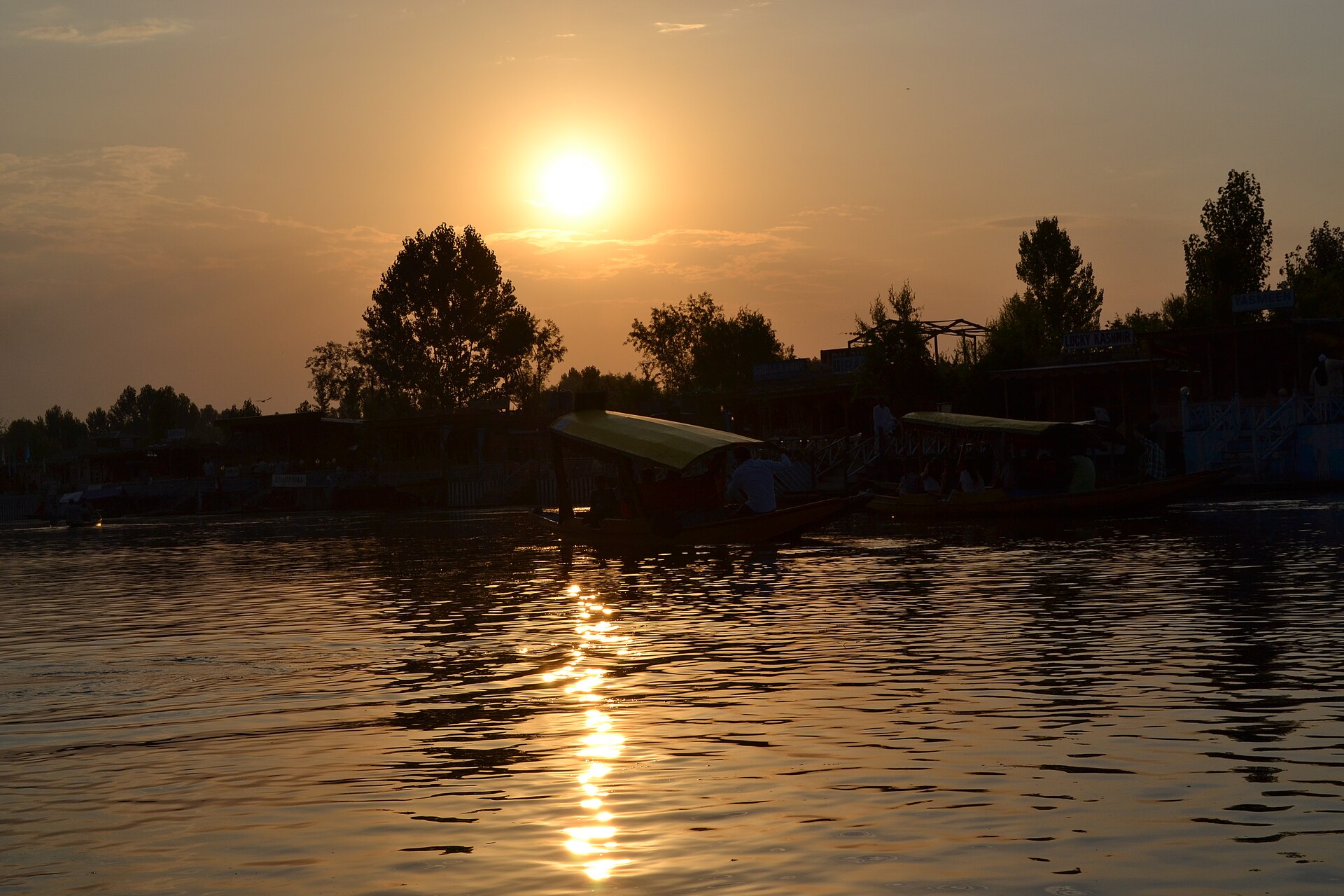 A traditional wooden shikara boat gliding through calm lake waters