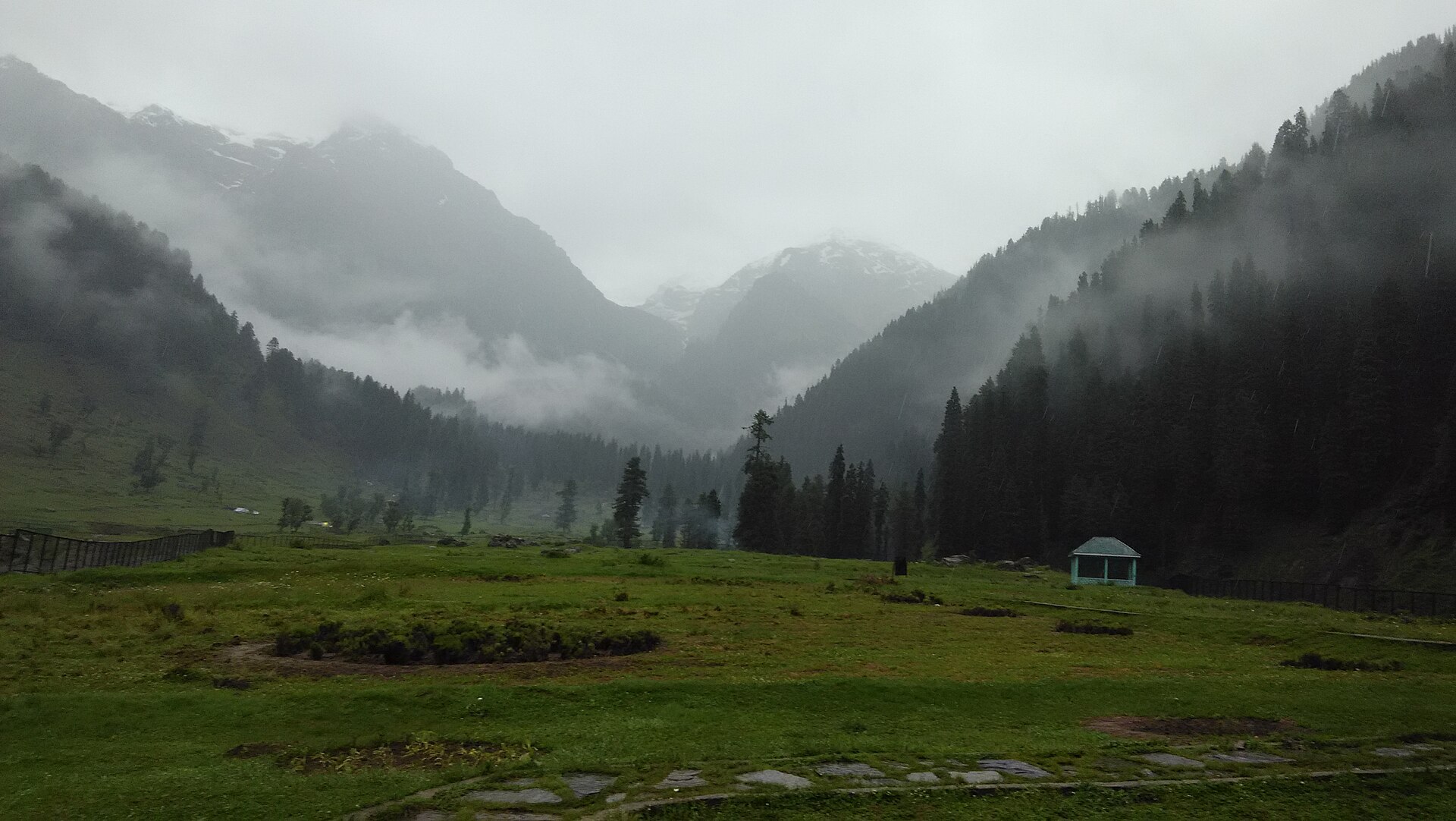 A vast panoramic view of the mountains and meadows of Kashmir