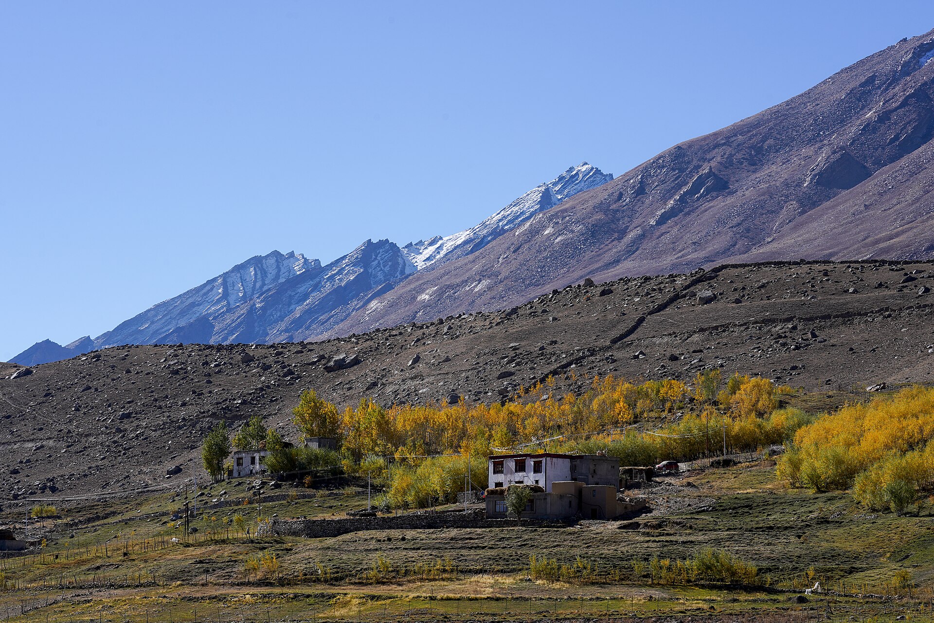 Wide shot of the rocky Zanskar valley under a clear blue sky