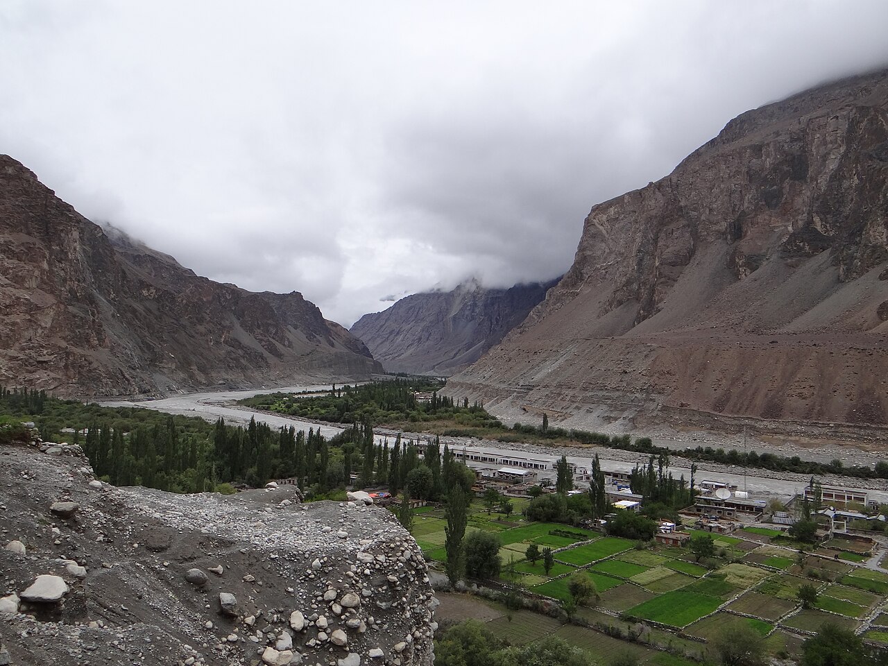 The Shyok river flowing through a dry valley