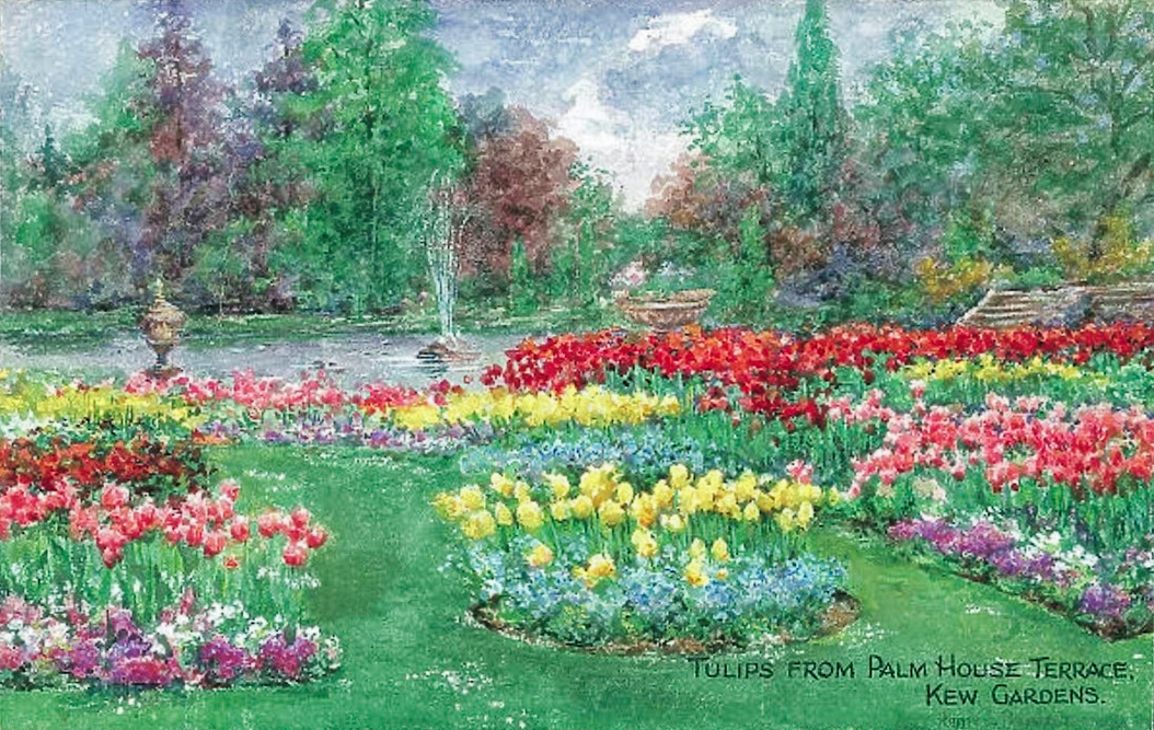 Stepped terraced lawns of the tulip garden with walking paths
