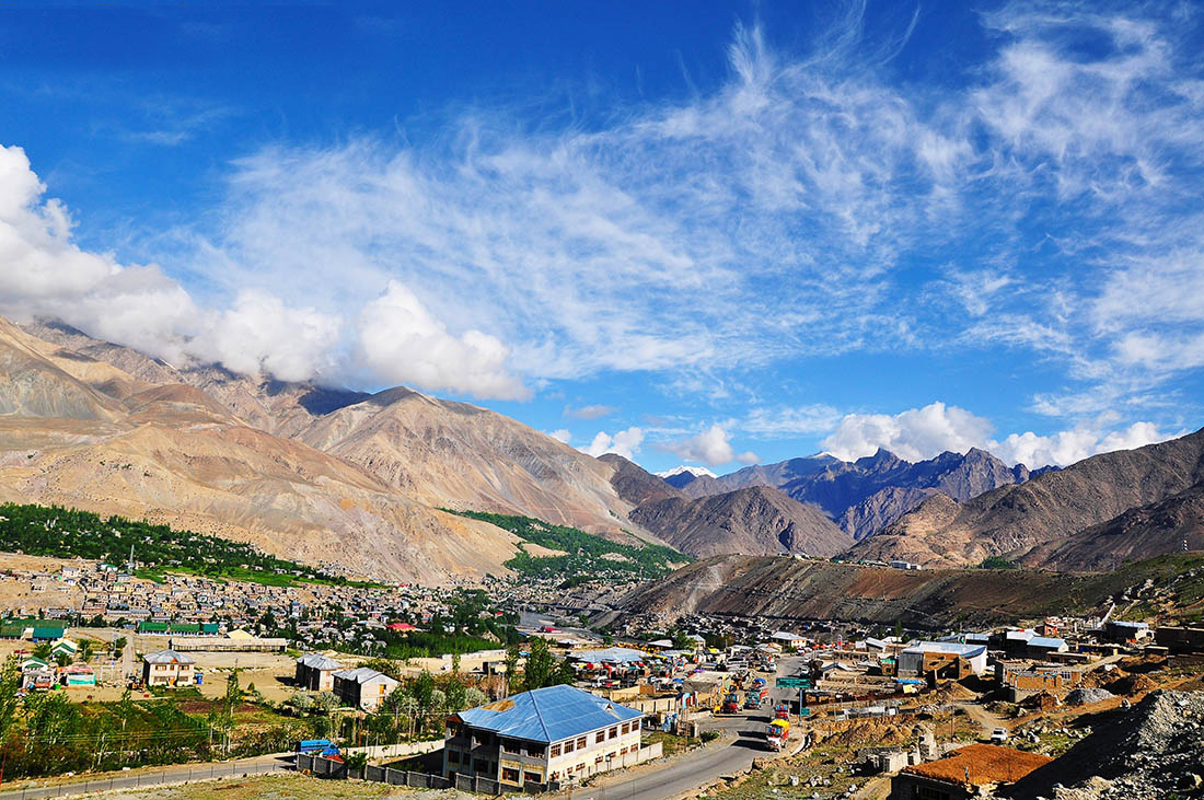 Local people walking through Kargil town market street