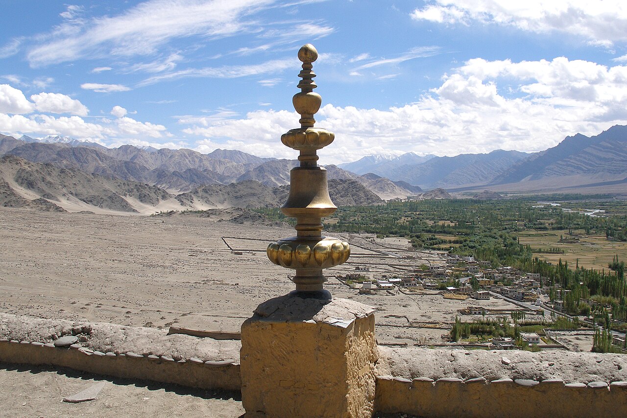 Expansive view of the green Indus Valley from a high monastery wall