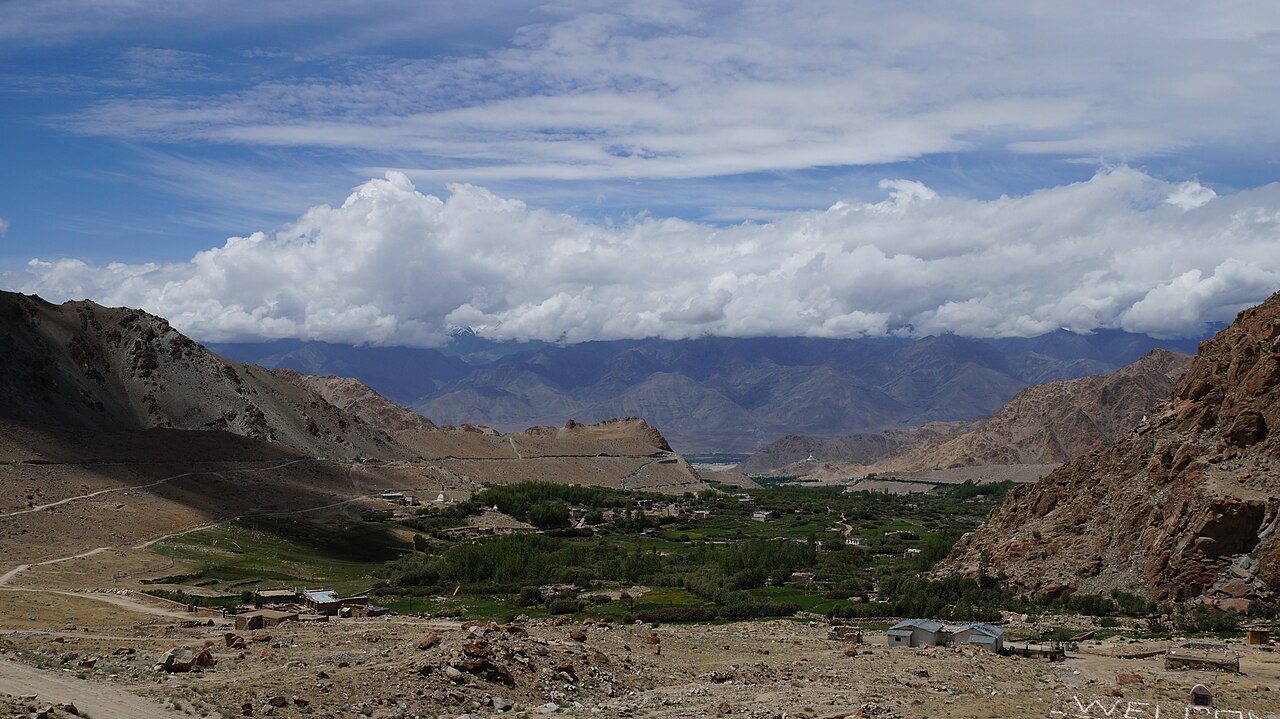 Early morning view of Leh town surrounded by dry brown mountains