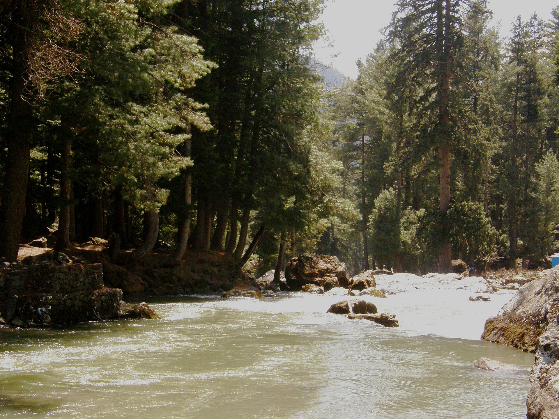 Wide river flowing through a green mountain valley in Pahalgam