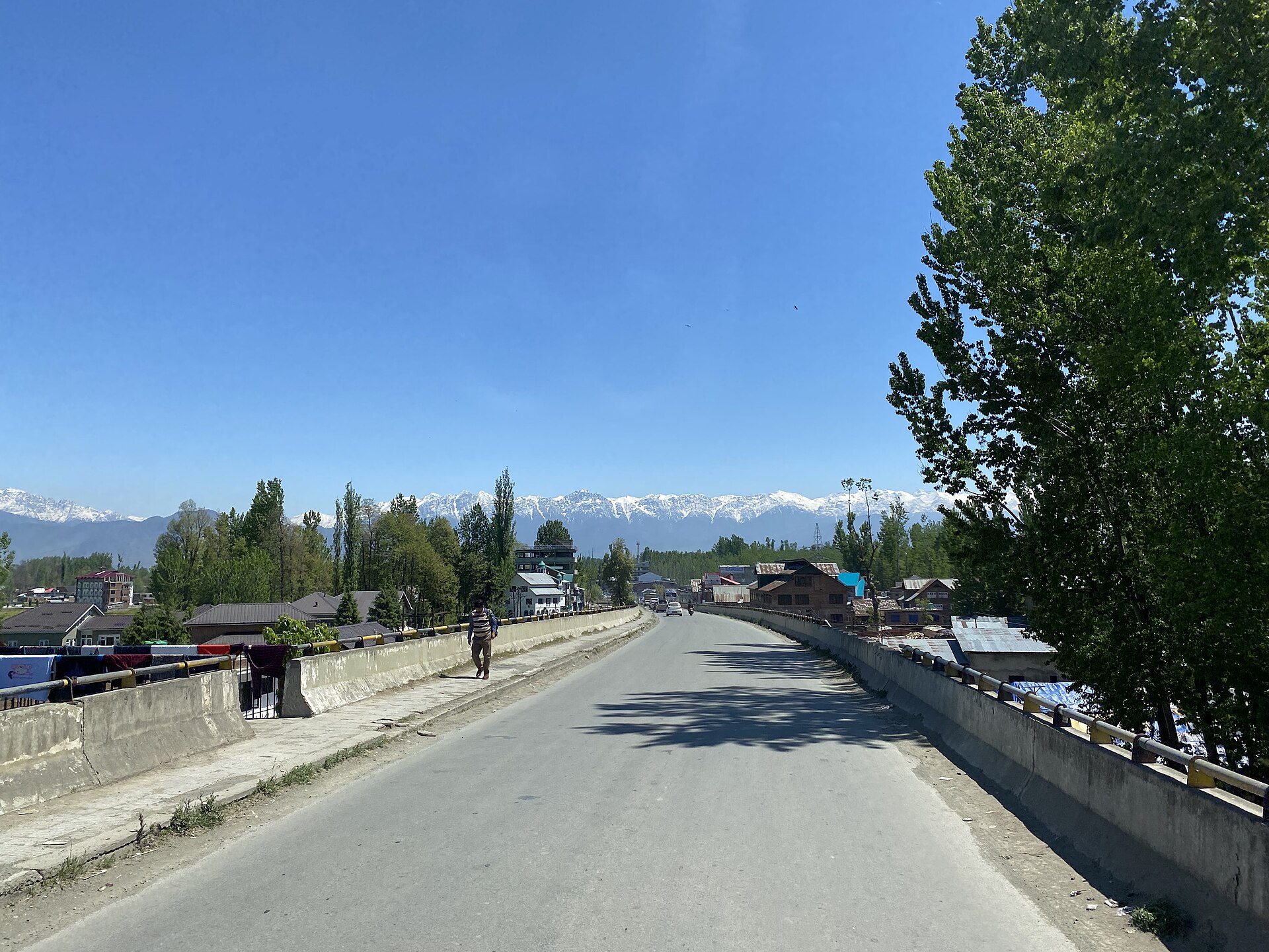 Open asphalt highway running through the green plains of Kashmir