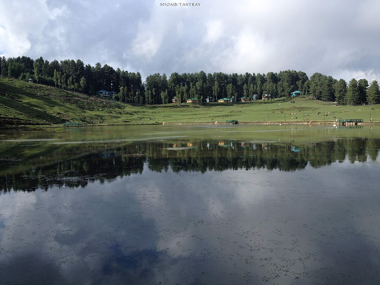 Wooden bench overlooking a quiet green valley in Jammu hills
