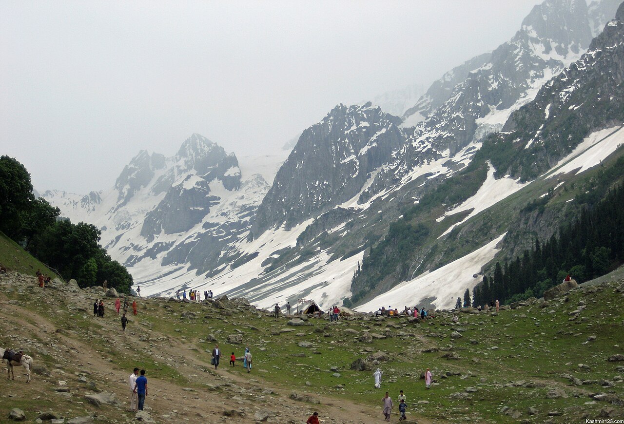 Visitors near the base of the ice patch