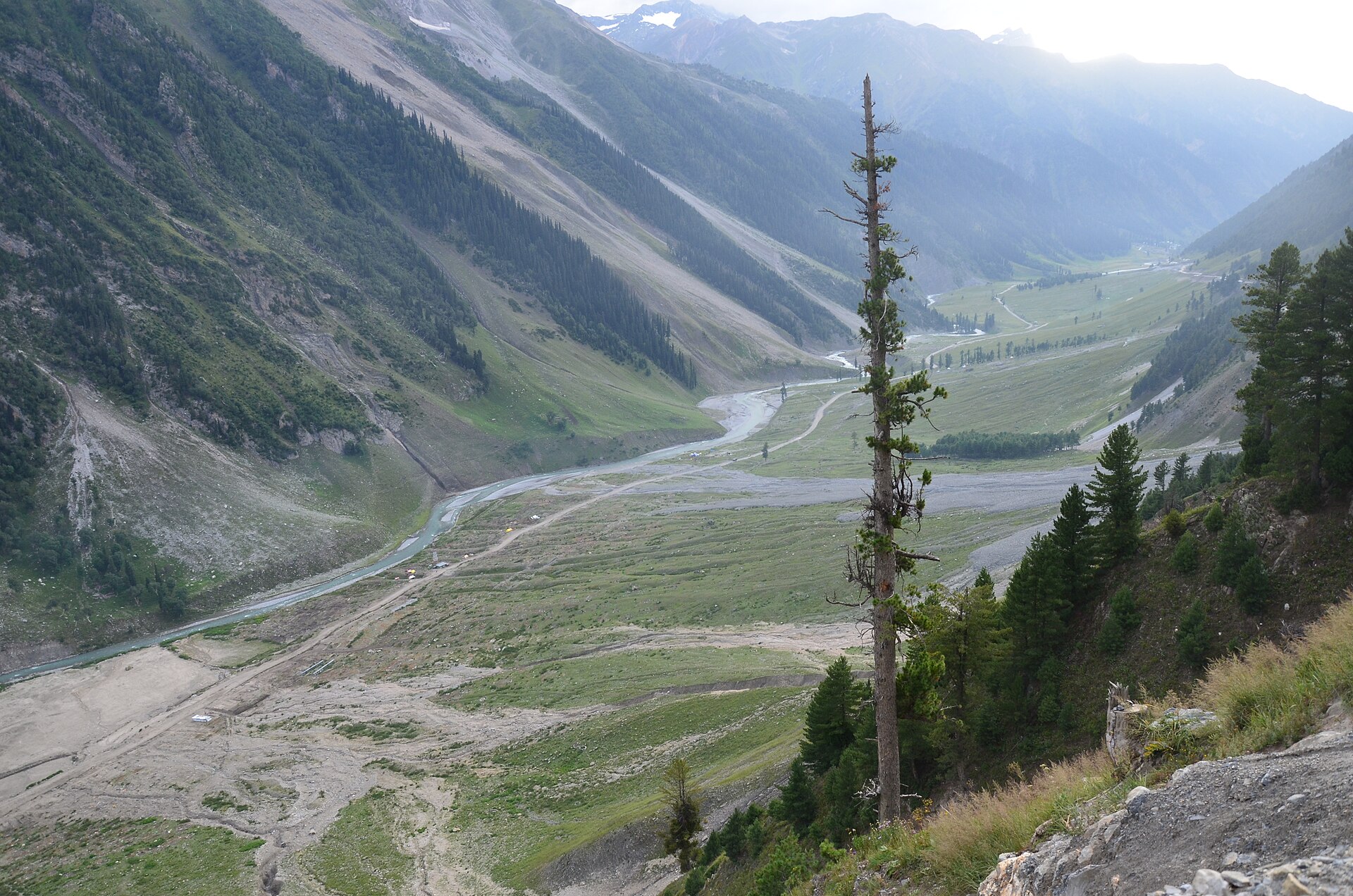 Green meadows of Sonmarg with the Sindh river flowing through.