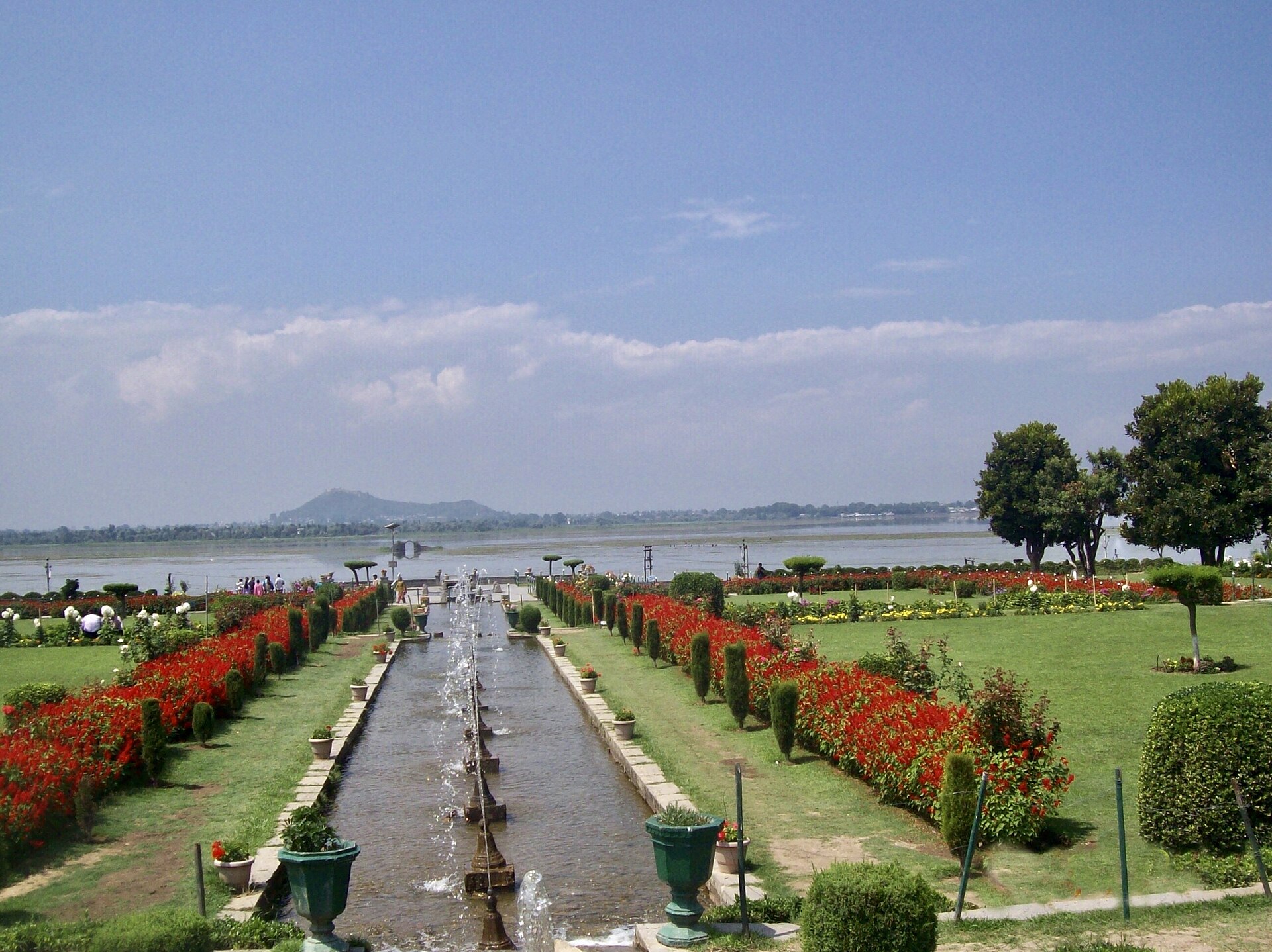 Fountains and manicured lawns at Shalimar Bagh garden in Srinagar