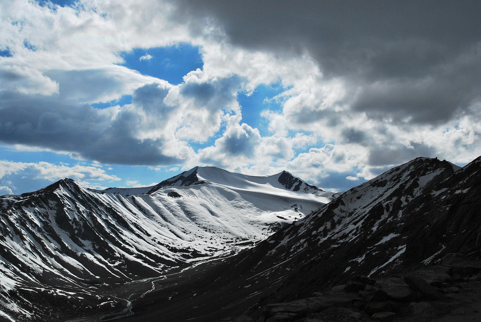 Wide shot of layered mountains in the Ladakh region
