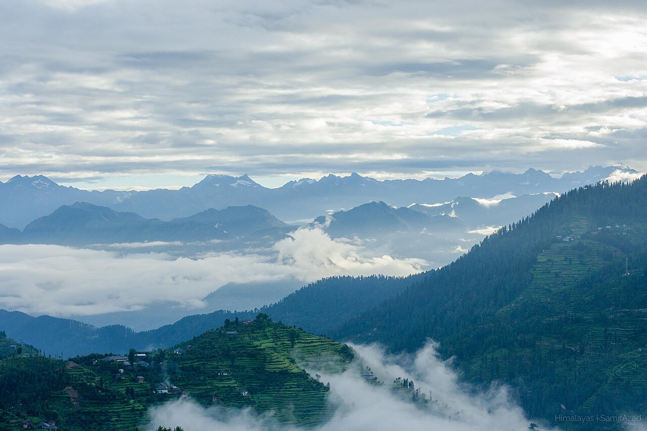 Sharp, snow-capped peaks of the Himalayan range