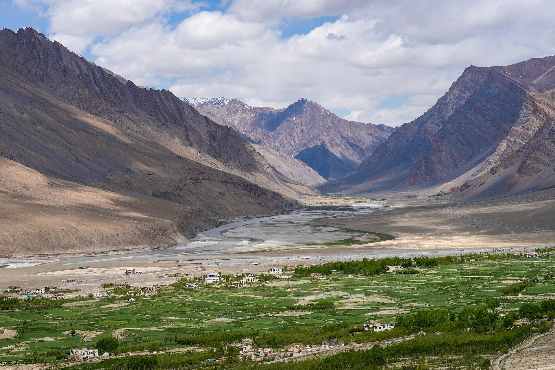 Vast green valley and river in Zanskar Ladakh