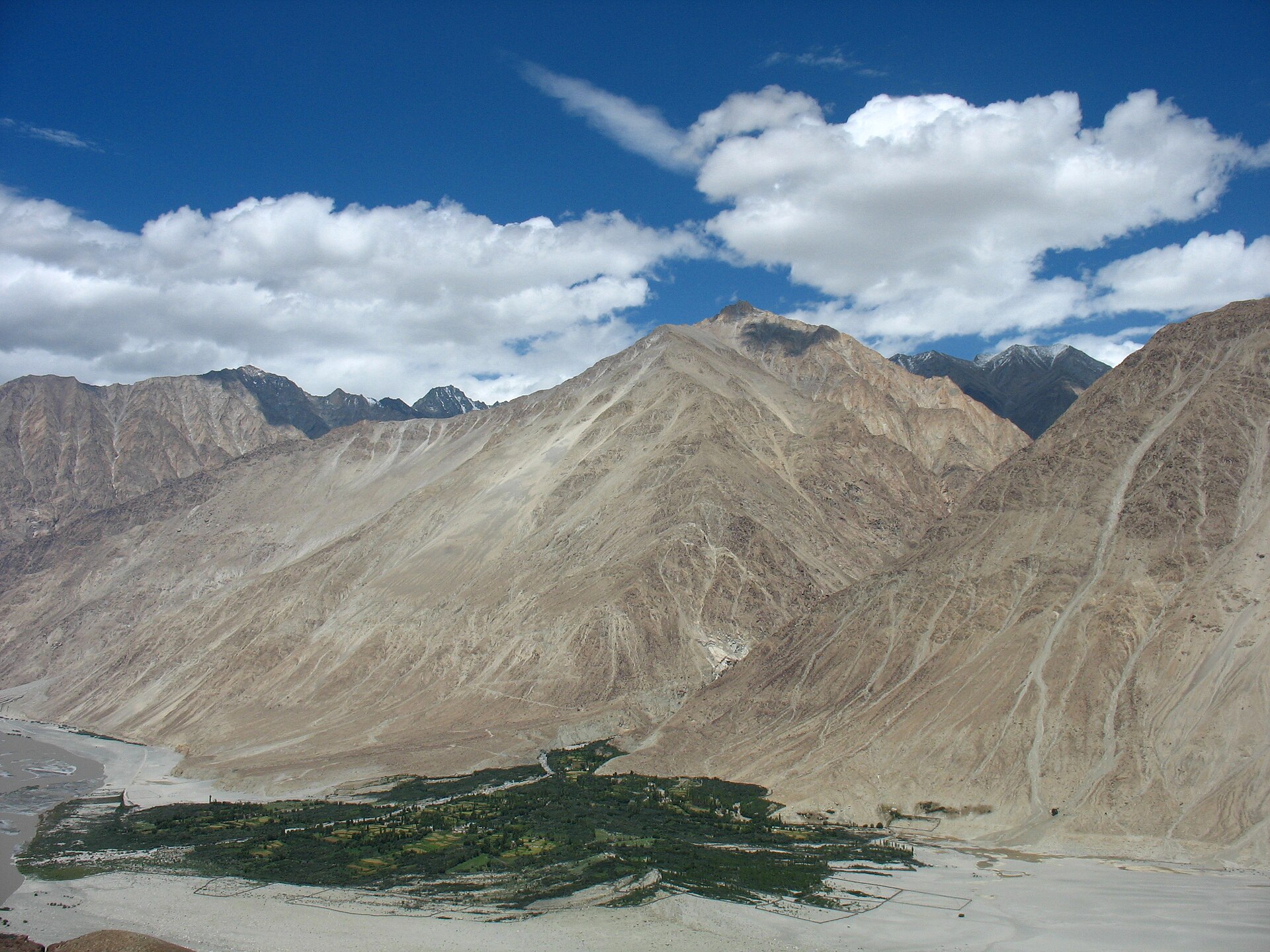 Winding dirt road along Shyok River canyon in Ladakh