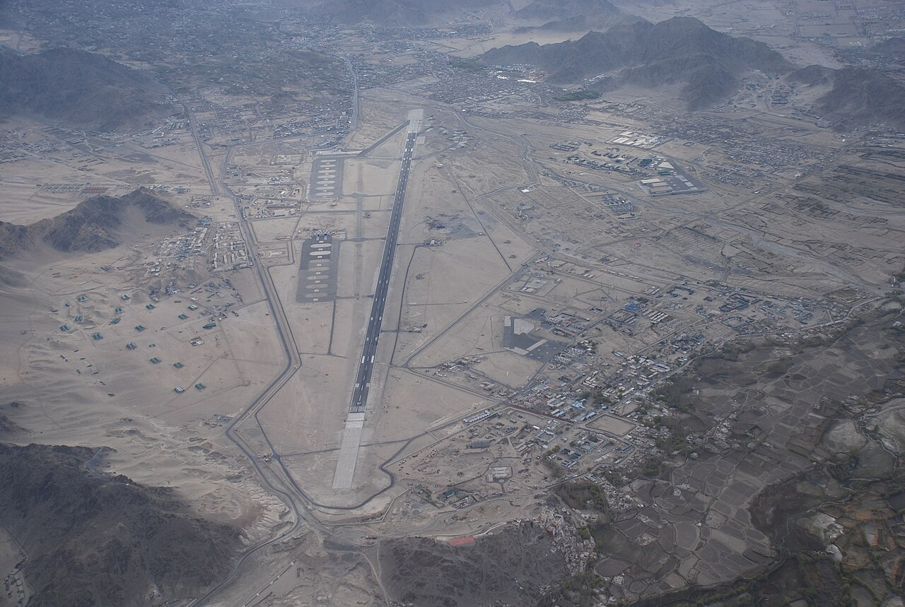 Leh airport runway with surrounding mountains