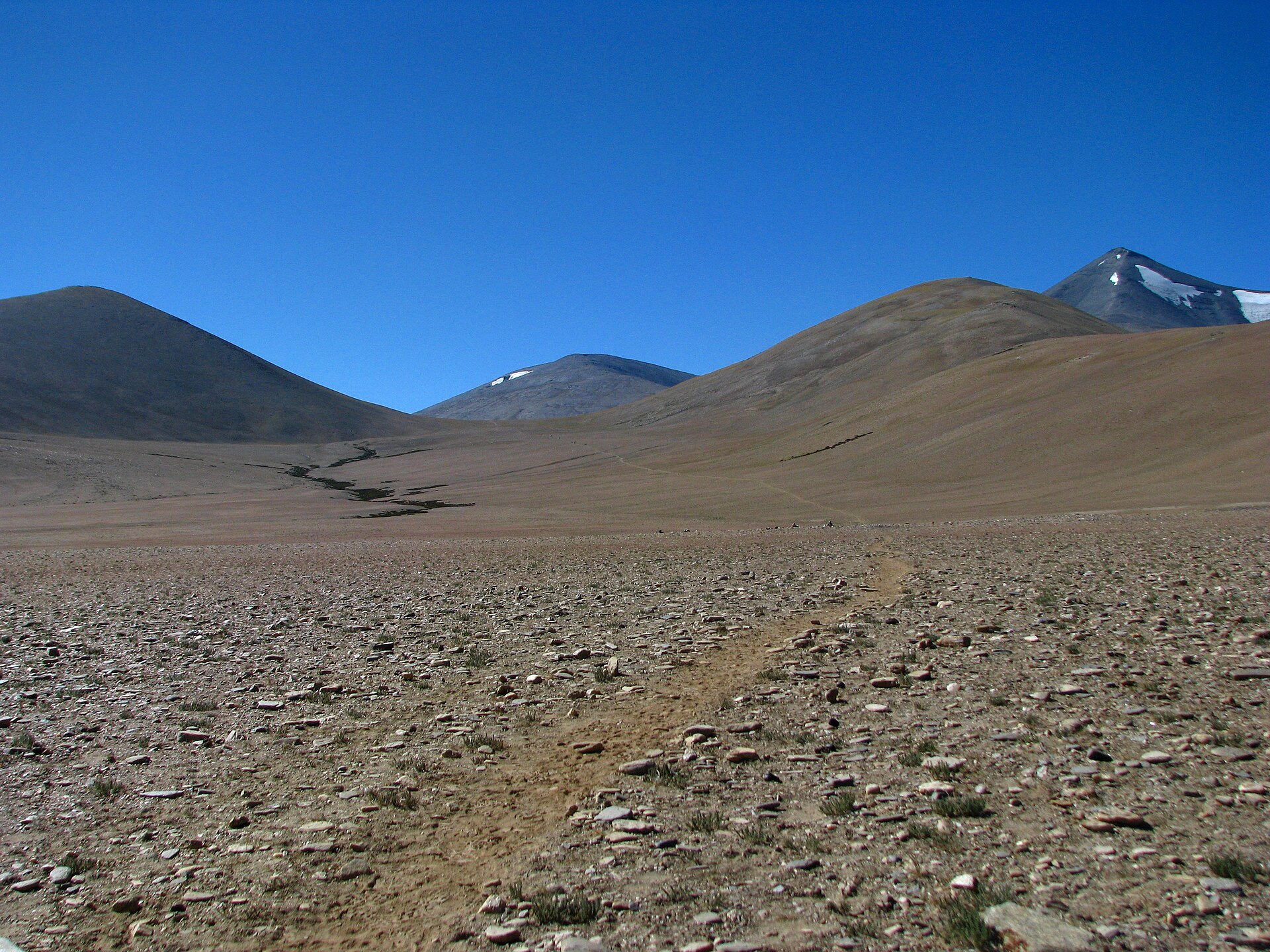 A winding dirt path through the mountains of Ladakh.