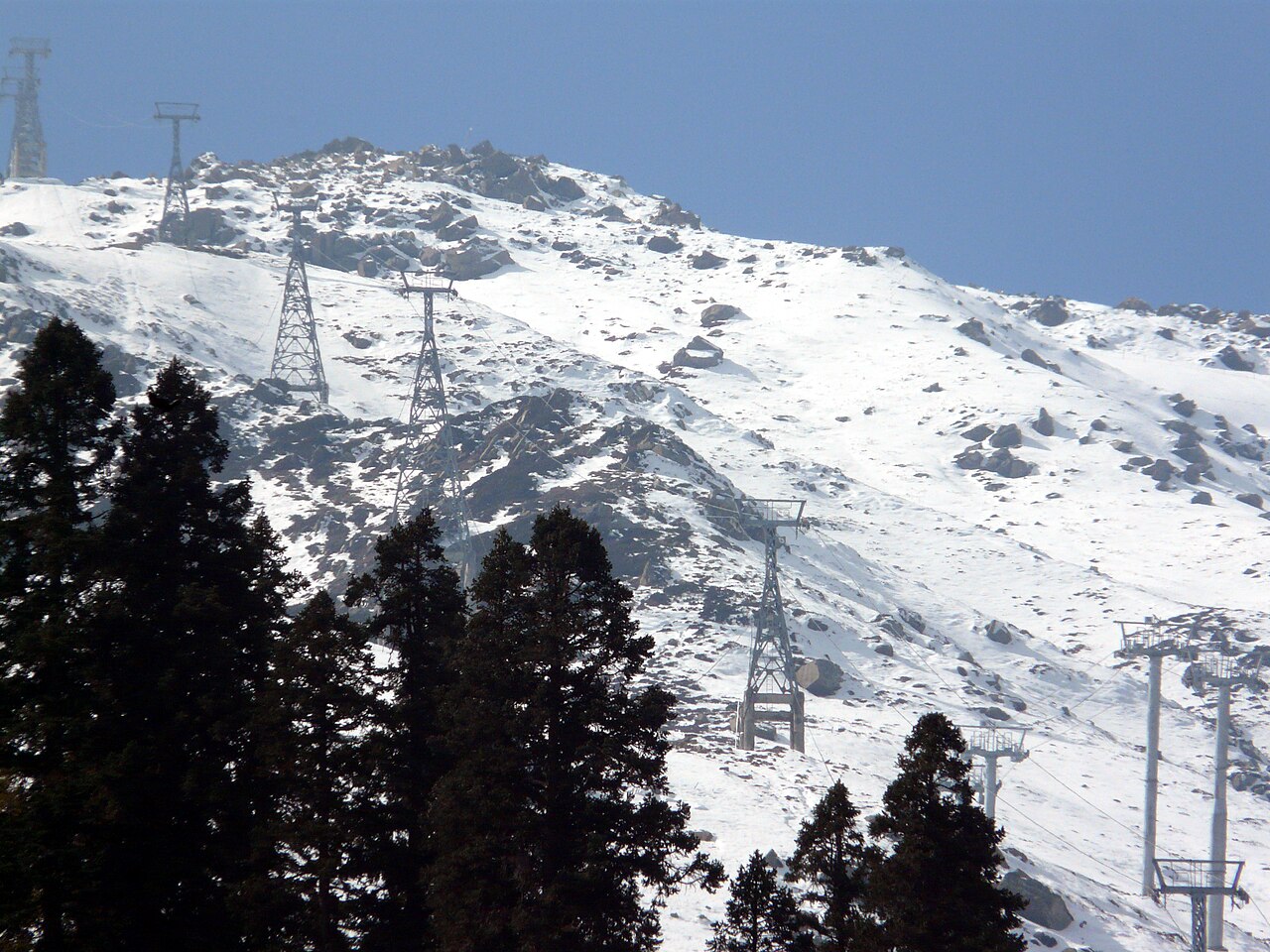 Gondola cabins against a clear summer sky