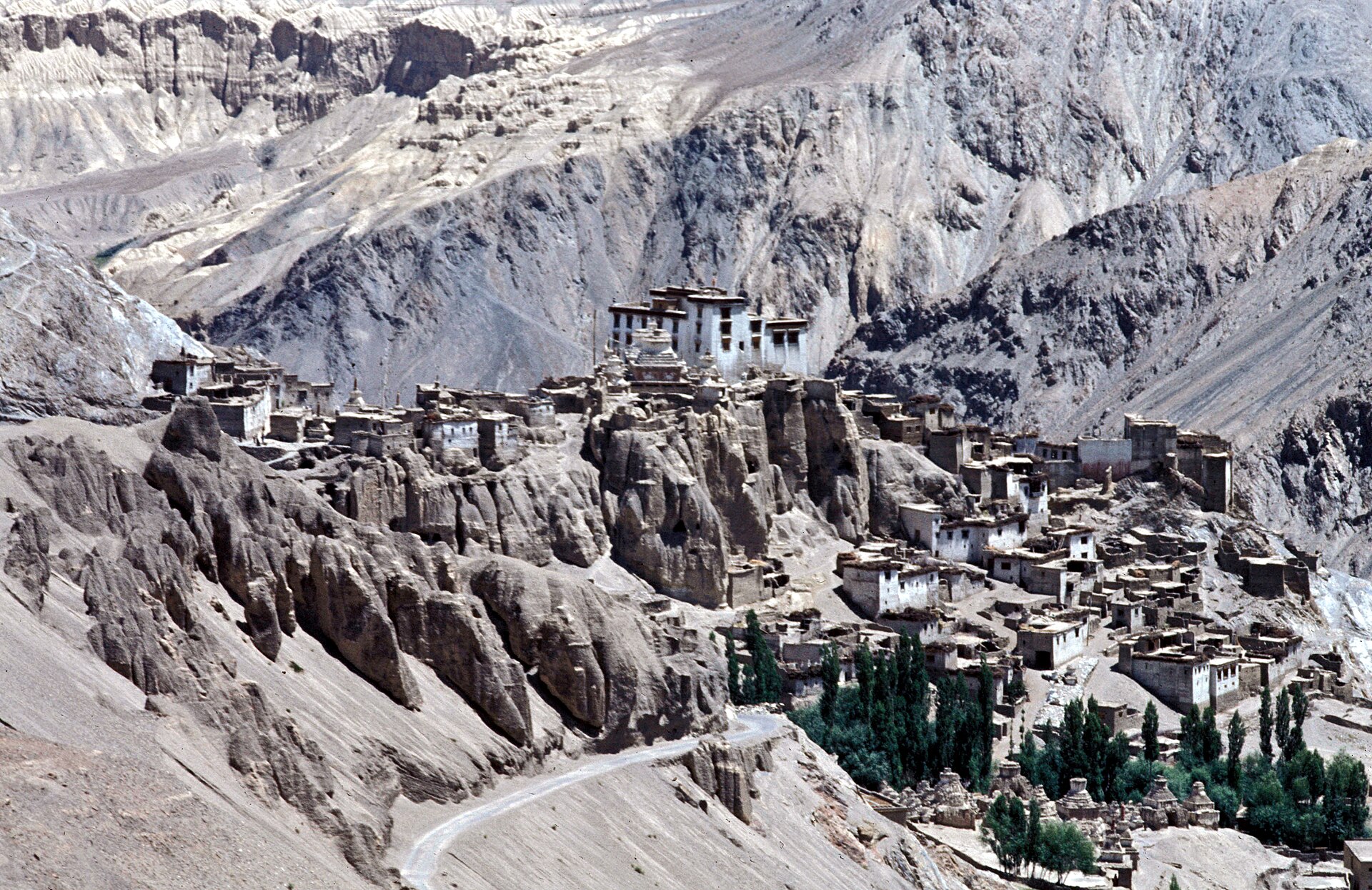Lamayuru monastery perched on a hill above village houses